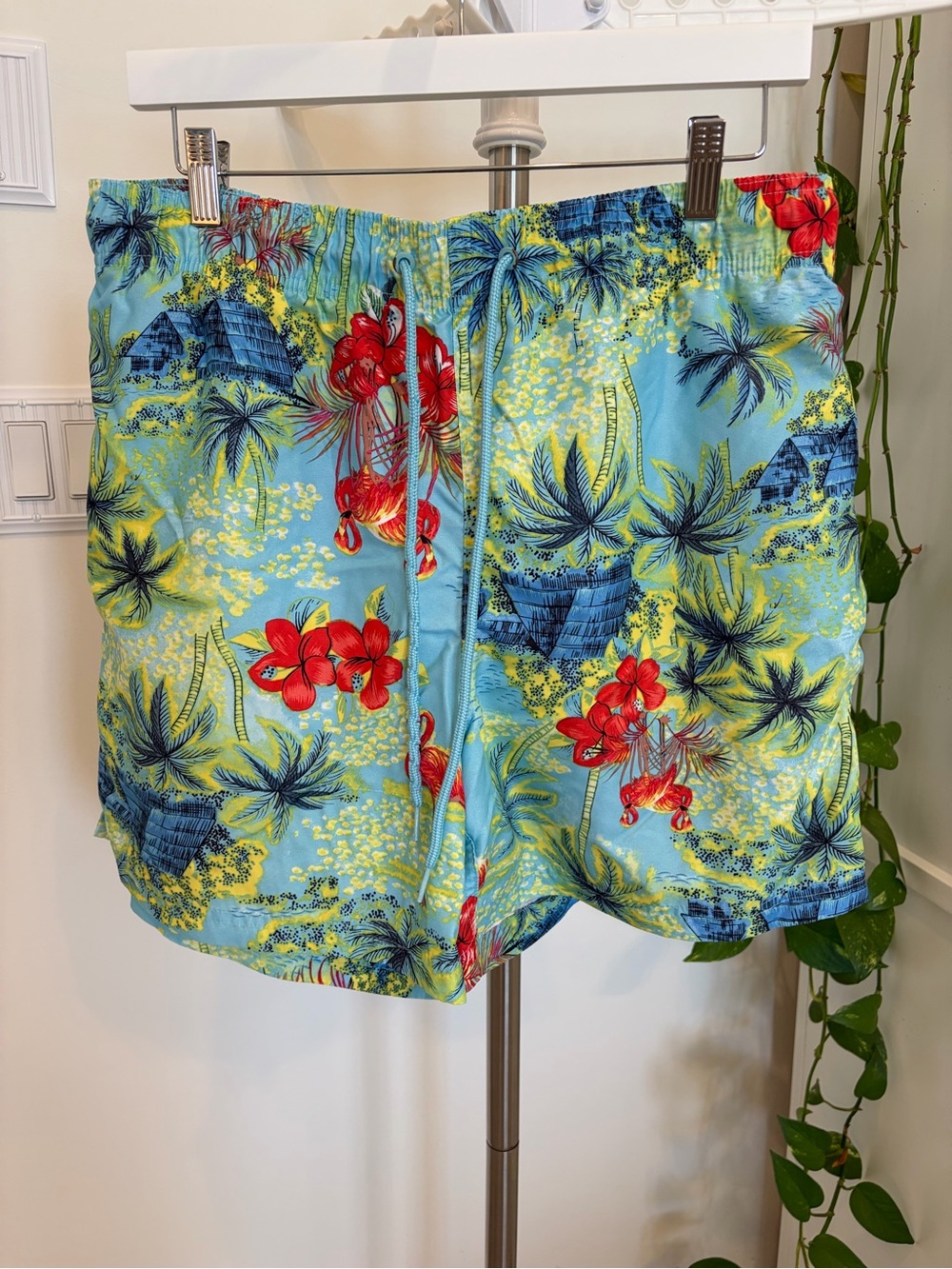 Men’s George Blue Tropical Floral Swim Shorts with Red Flowers